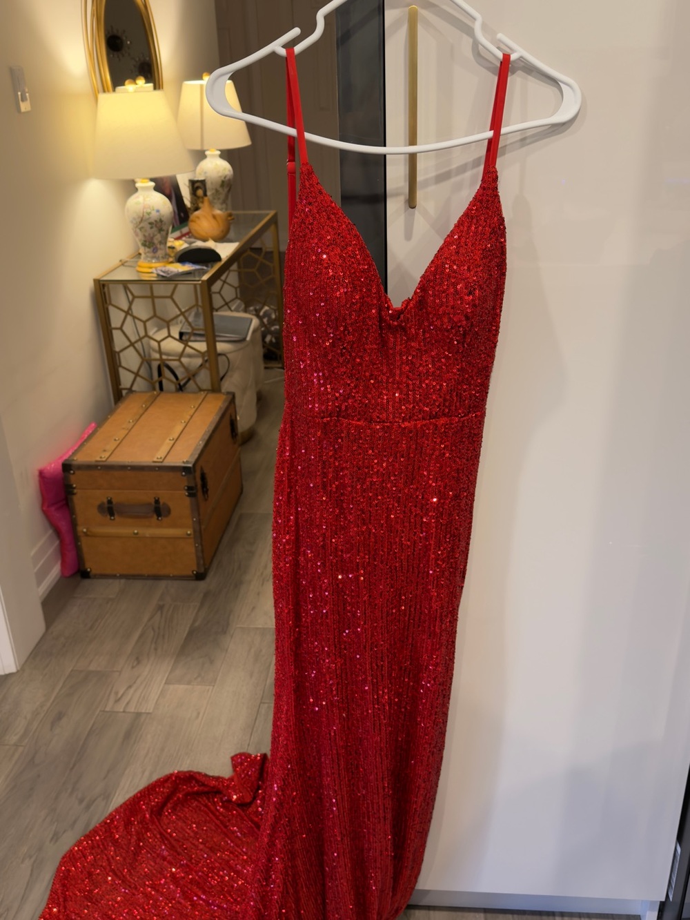 Sparkling Red Sequin V-Neck Spaghetti Strap Prom Gown